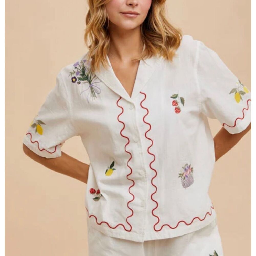 In Loom Embroidered Shirt Button Up Strawberry Lemon Picnic Short Sleeve Scallop - Picture 3 of 13